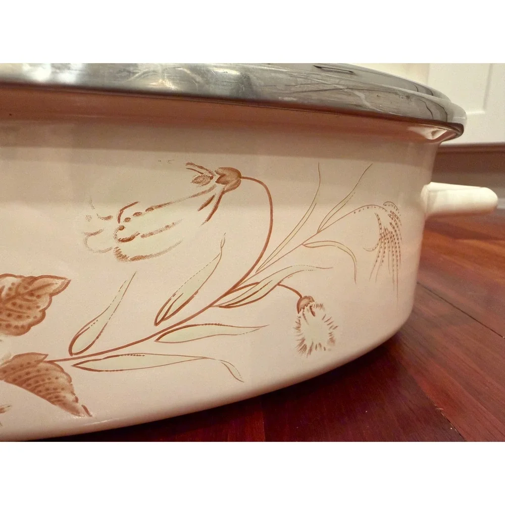 Vntg Watercolor Hearthside Blush Enamelware Oval Roasting Pan with Lid Floral‎